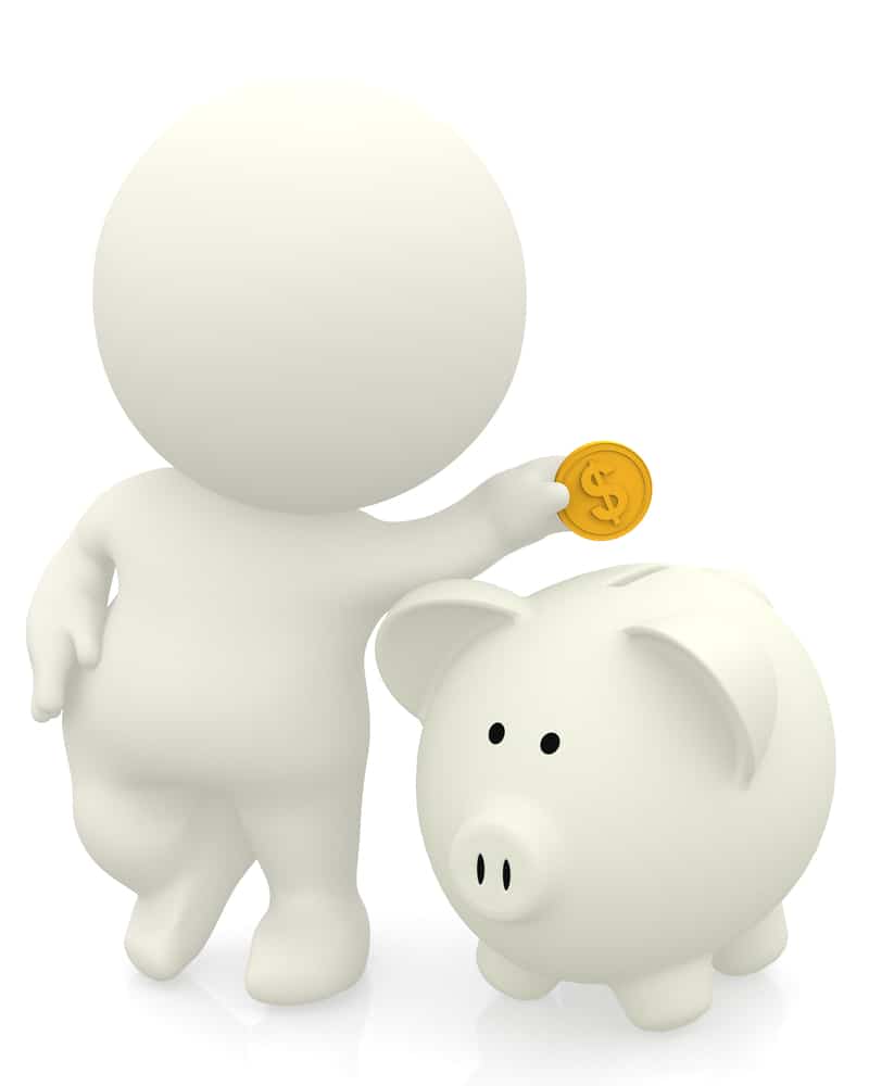 3D man inserting coin in piggybank isolated over white