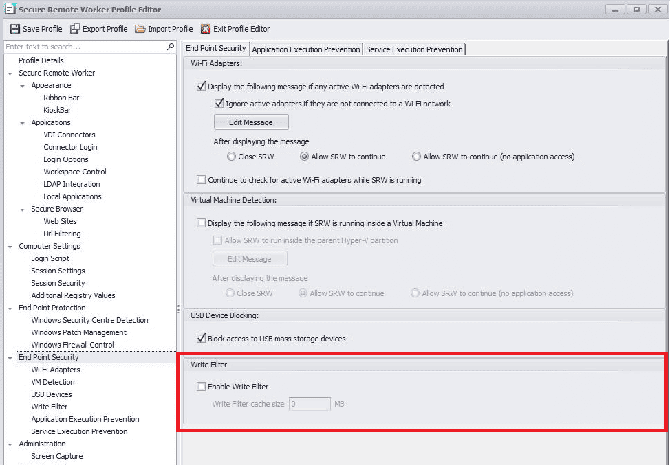 Profile editor write filter thinscale management console