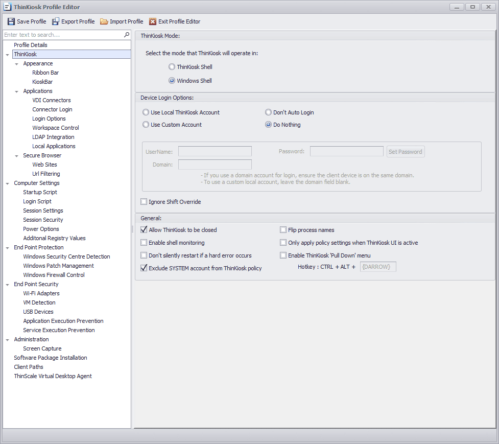 A screenshot of ThinScale profile settings dictating security and compliance settings